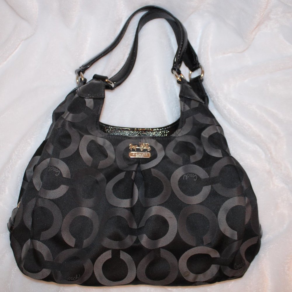 Coach Madison Maggie Op Art Black Signature Sateen Shoulder Bag Purse